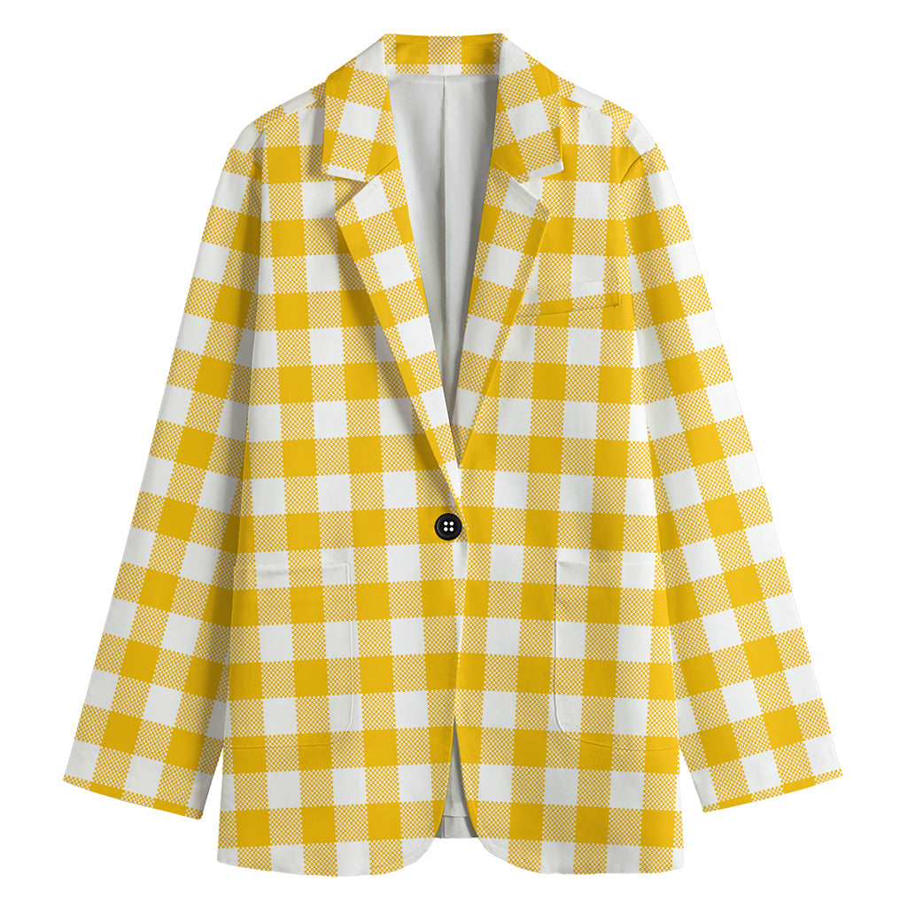 Canary Yellow And White Gingham Print Women's Cotton Blazer