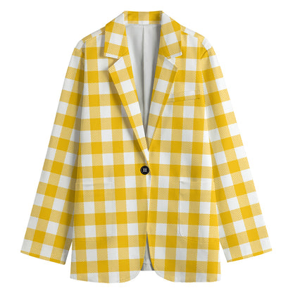 Canary Yellow And White Gingham Print Women's Cotton Blazer