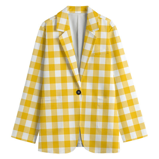 Canary Yellow And White Gingham Print Women's Cotton Blazer