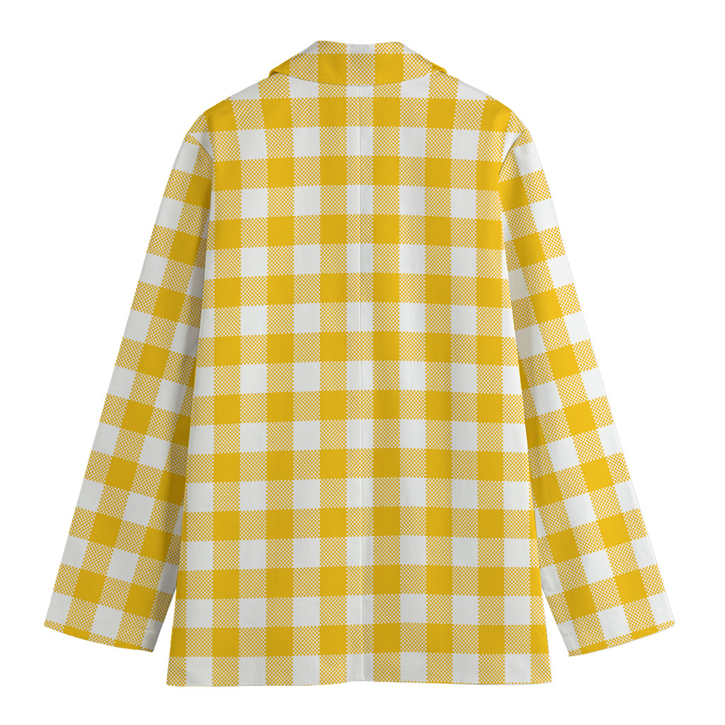 Canary Yellow And White Gingham Print Women's Cotton Blazer