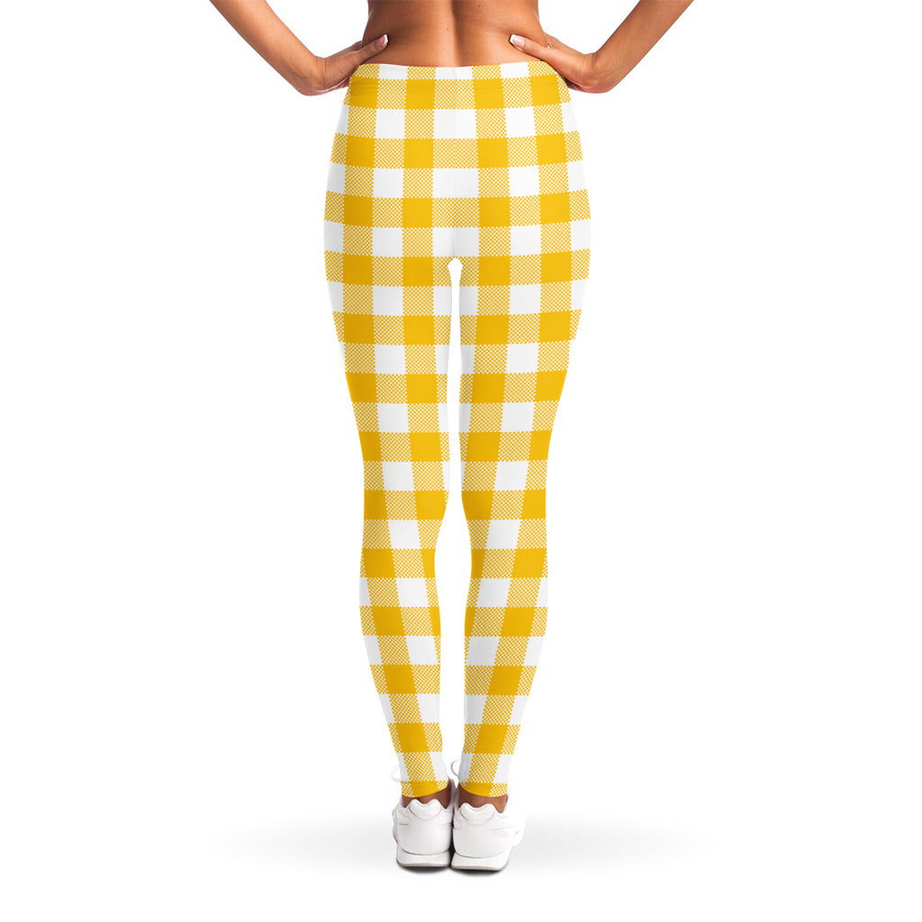 Canary Yellow And White Gingham Print Women's Leggings