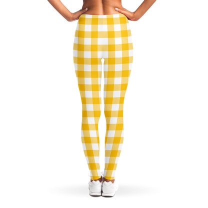 Canary Yellow And White Gingham Print Women's Leggings