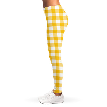 Canary Yellow And White Gingham Print Women's Leggings