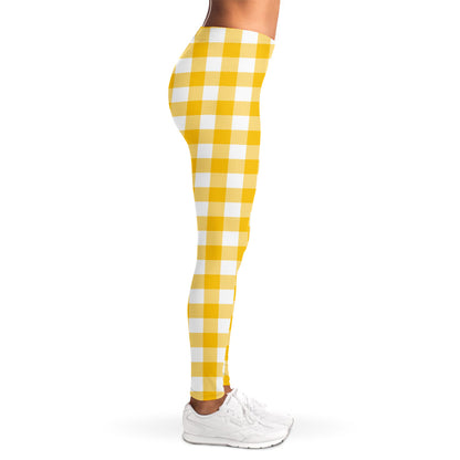 Canary Yellow And White Gingham Print Women's Leggings