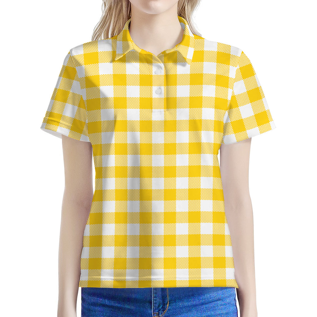 Canary Yellow And White Gingham Print Women's Polo Shirt