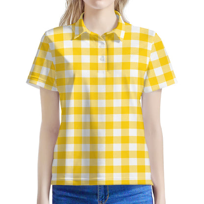 Canary Yellow And White Gingham Print Women's Polo Shirt