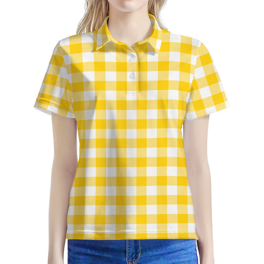 Canary Yellow And White Gingham Print Women's Polo Shirt