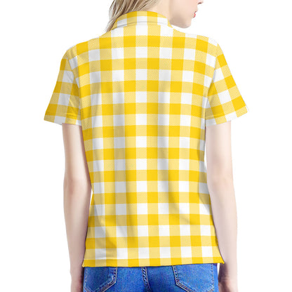 Canary Yellow And White Gingham Print Women's Polo Shirt