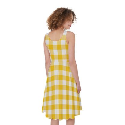 Canary Yellow And White Gingham Print Women's Sleeveless Dress
