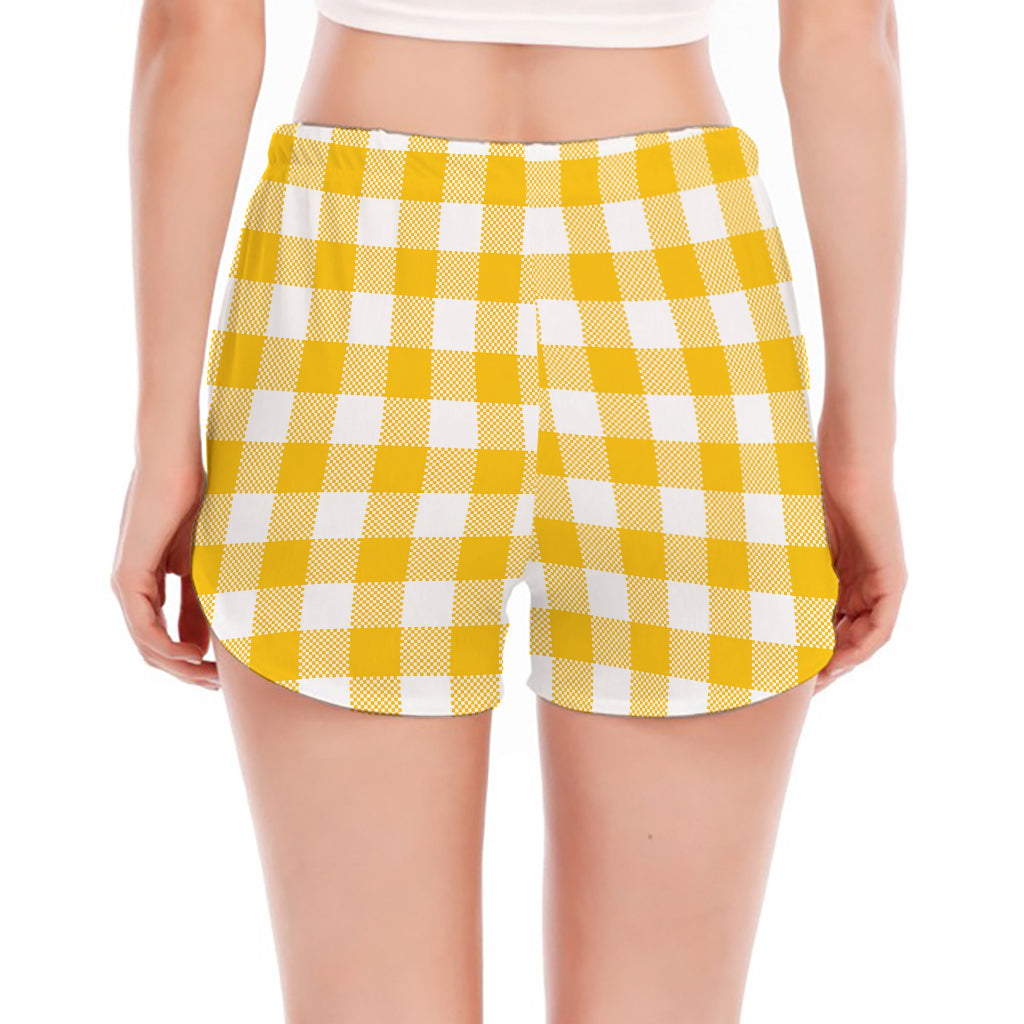 Canary Yellow And White Gingham Print Women's Split Running Shorts