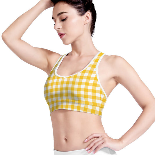 Canary Yellow And White Gingham Print Women's Sports Bra