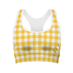 Canary Yellow And White Gingham Print Women's Sports Bra