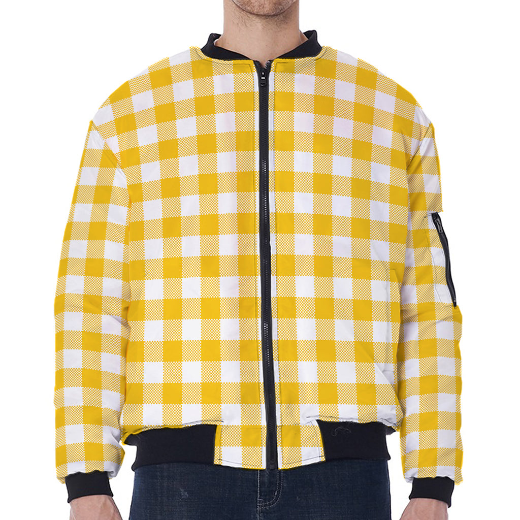 Canary Yellow And White Gingham Print Zip Sleeve Bomber Jacket