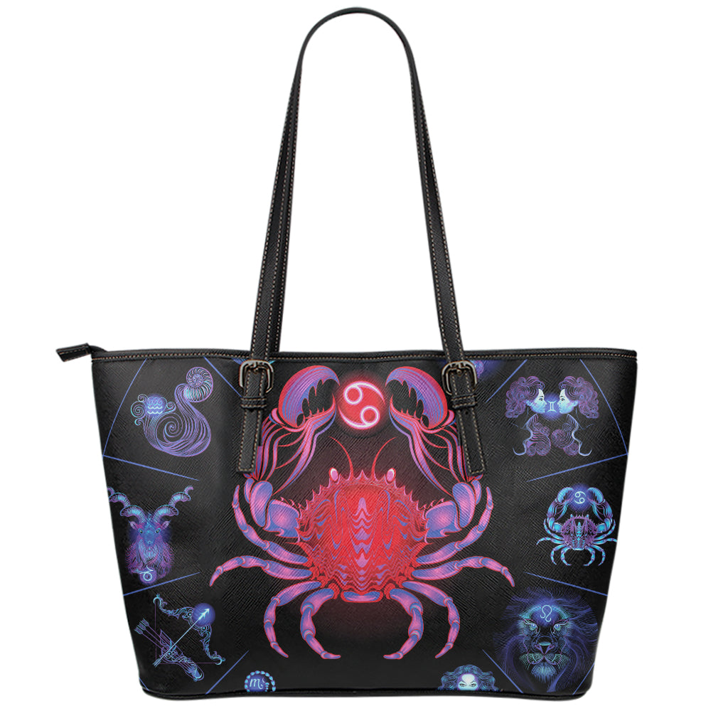 Cancer And Astrological Signs Print Leather Tote Bag