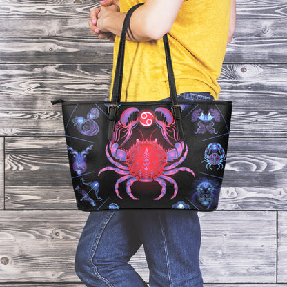Cancer And Astrological Signs Print Leather Tote Bag