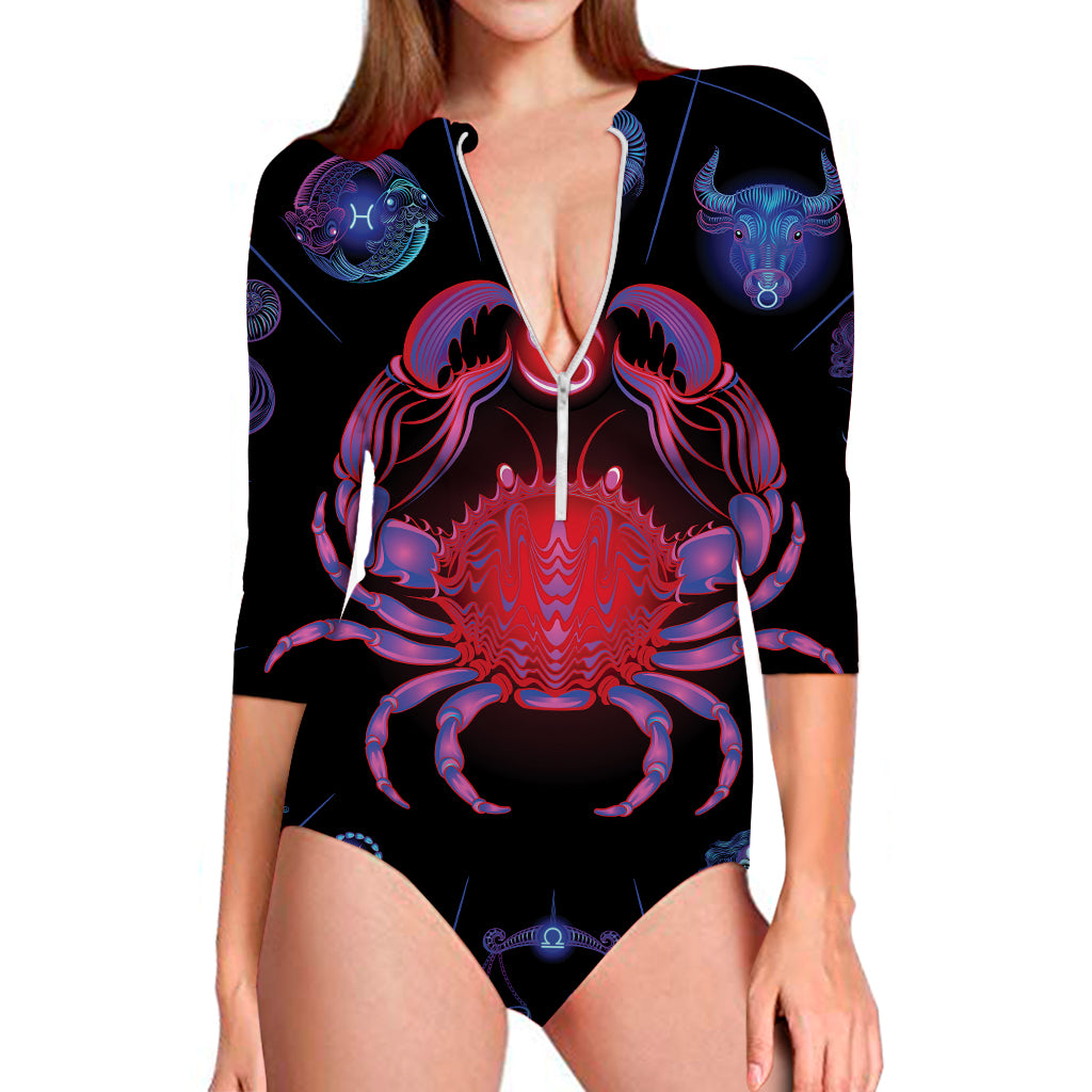Cancer And Astrological Signs Print Long Sleeve Swimsuit