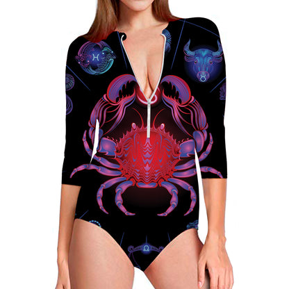 Cancer And Astrological Signs Print Long Sleeve Swimsuit