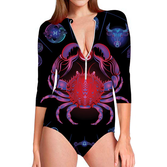 Cancer And Astrological Signs Print Long Sleeve Swimsuit