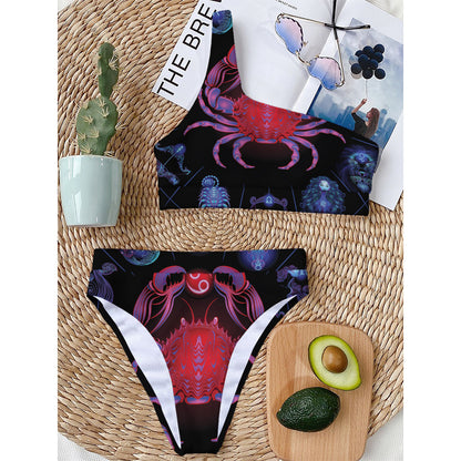Cancer And Astrological Signs Print One Shoulder Bikini Top