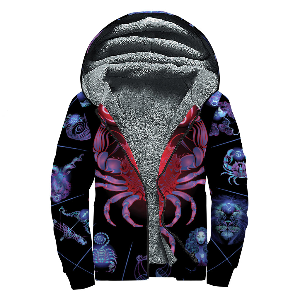 Cancer And Astrological Signs Print Sherpa Lined Zip Up Hoodie