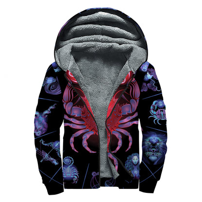 Cancer And Astrological Signs Print Sherpa Lined Zip Up Hoodie