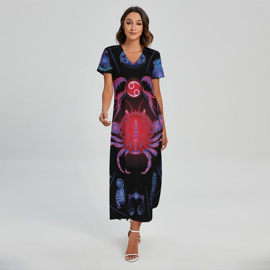Cancer And Astrological Signs Print Short Sleeve Maxi Dress
