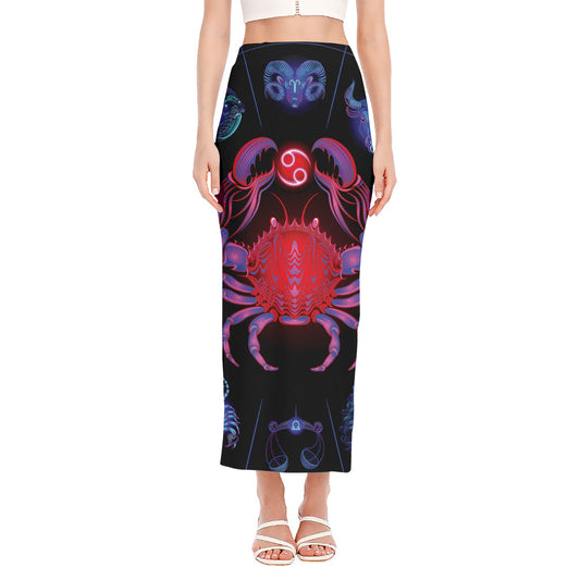 Cancer And Astrological Signs Print Side Slit Maxi Skirt