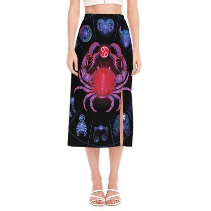 Cancer And Astrological Signs Print Side Slit Midi Skirt