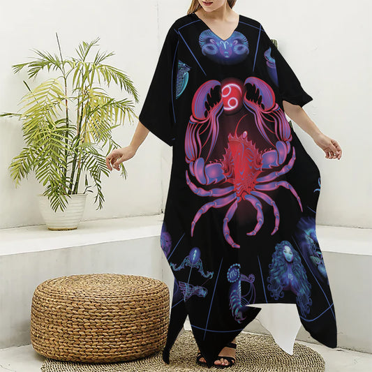 Cancer And Astrological Signs Print Silk V-Neck Kaftan Dress