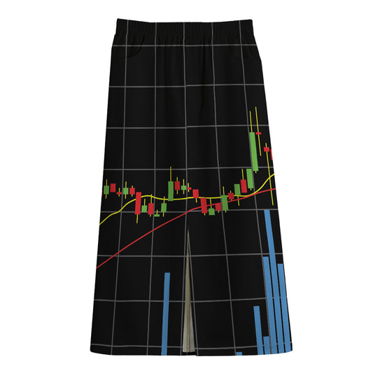 Candlestick Stock Graph Chart Print Cotton Front Slit Maxi Skirt