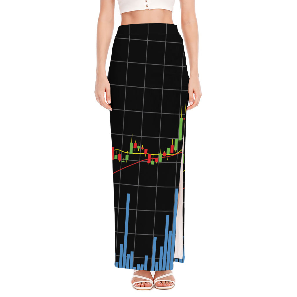 Candlestick Stock Graph Chart Print High Slit Maxi Skirt