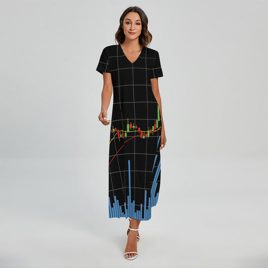 Candlestick Stock Graph Chart Print Short Sleeve Maxi Dress