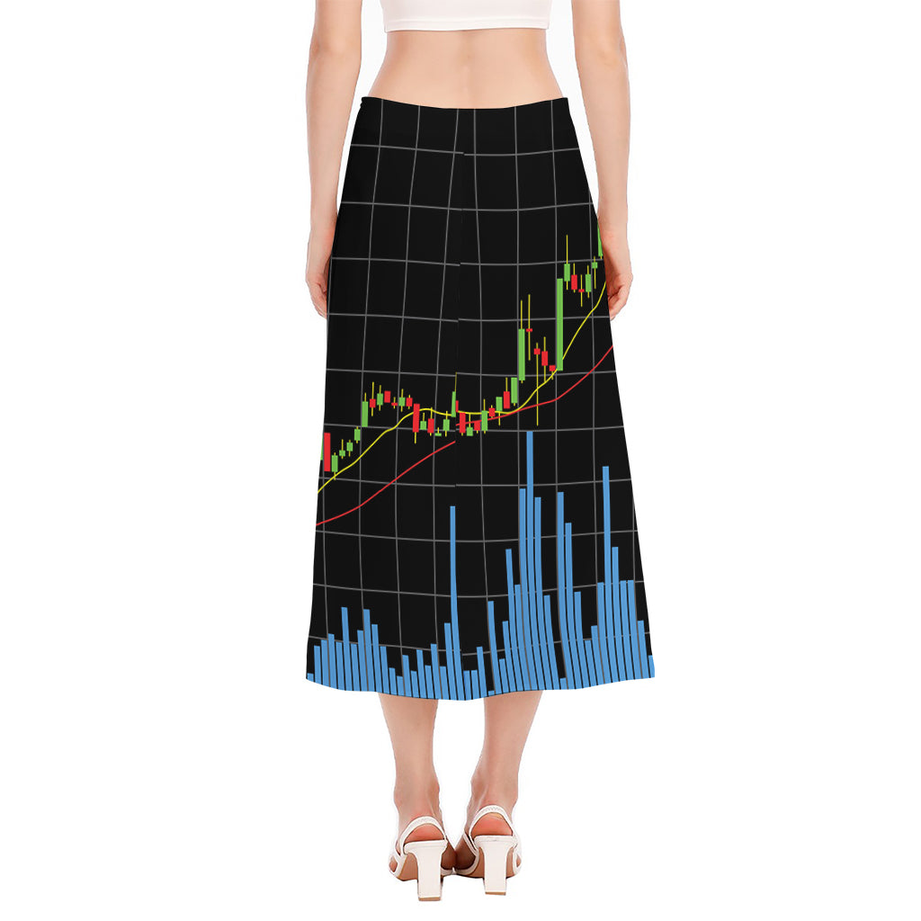 Candlestick Stock Graph Chart Print Side Slit Midi Skirt