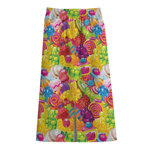 Candy And Jelly Pattern Print Cotton Front Slit Maxi Skirt