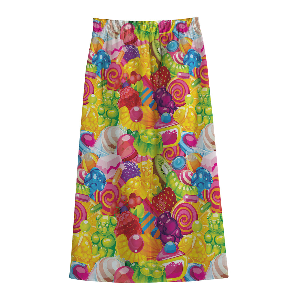 Candy And Jelly Pattern Print Cotton Front Slit Maxi Skirt