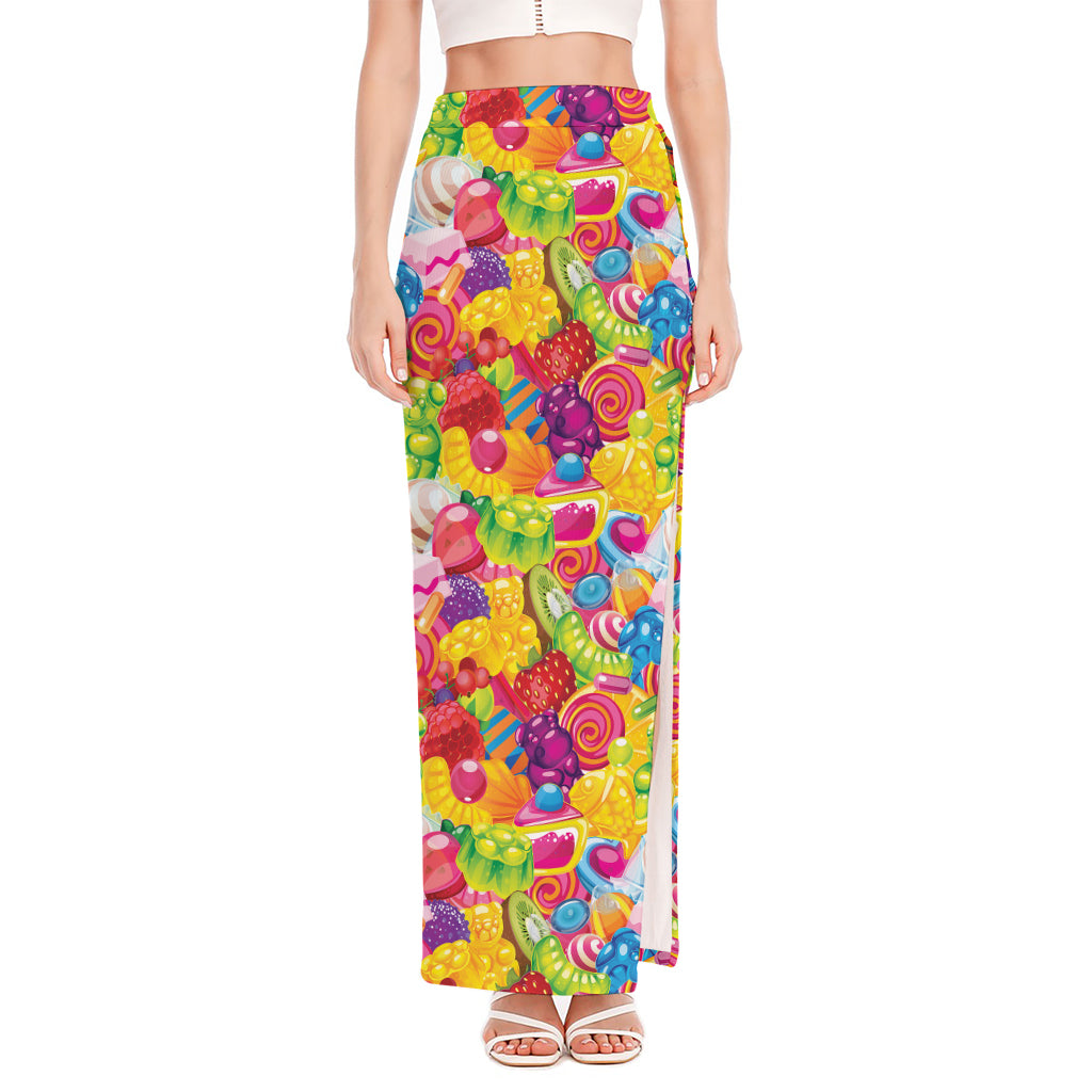 Candy And Jelly Pattern Print High Slit Maxi Skirt