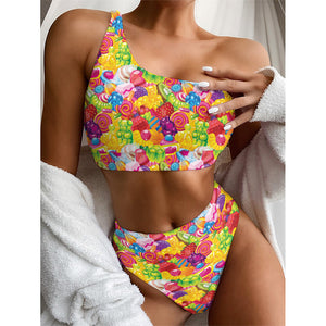 Candy And Jelly Pattern Print One Shoulder Bikini Top