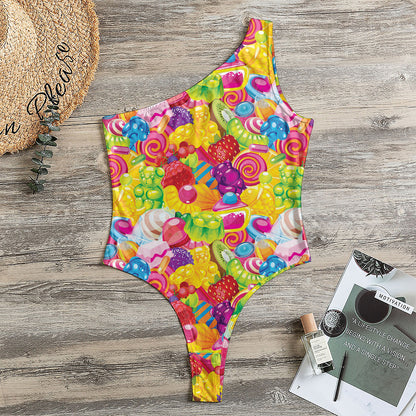 Candy And Jelly Pattern Print One Shoulder Bodysuit
