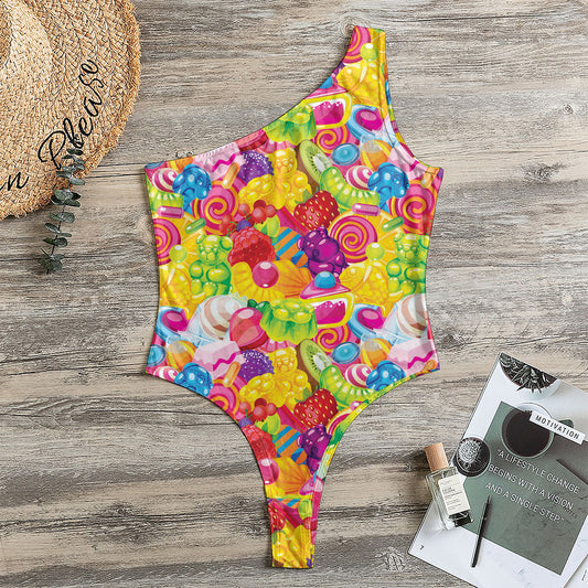 Candy And Jelly Pattern Print One Shoulder Bodysuit