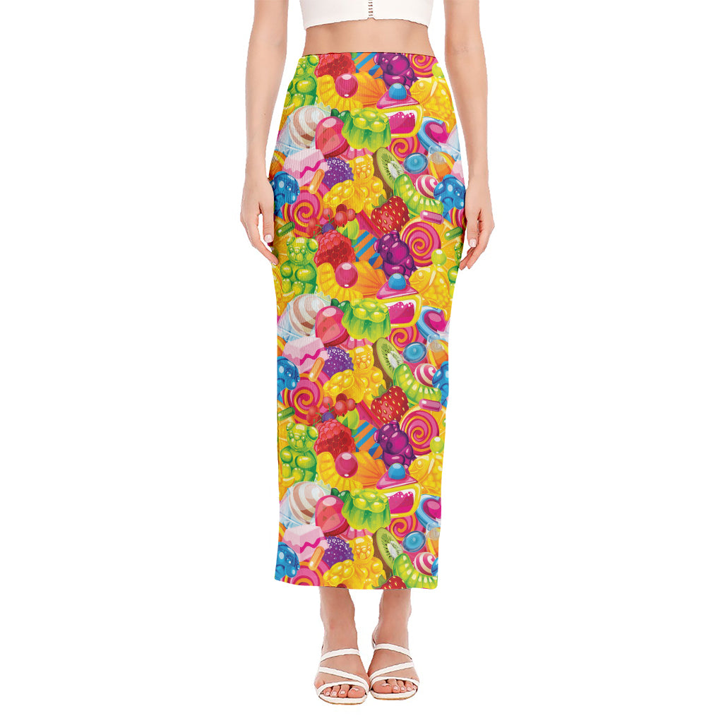 Candy And Jelly Pattern Print Side Slit Maxi Skirt