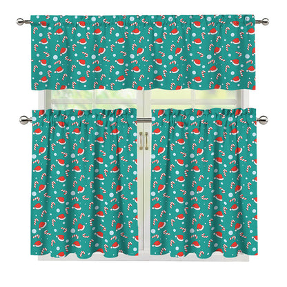 Candy And Santa Claus Hat Pattern Print 3 Piece Kitchen Curtains