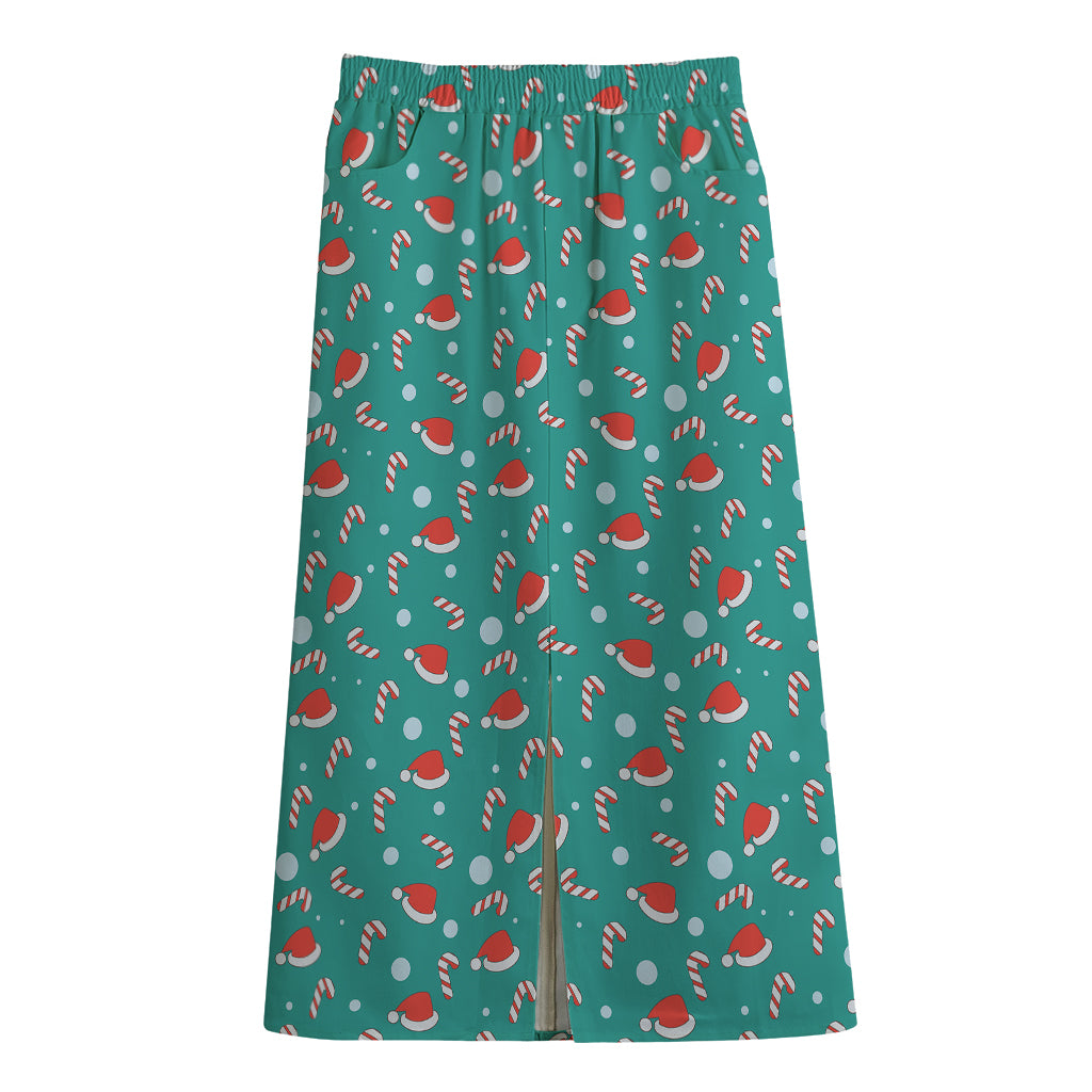 Candy And Santa Claus Hat Pattern Print Cotton Front Slit Maxi Skirt