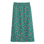 Candy And Santa Claus Hat Pattern Print Cotton Front Slit Maxi Skirt