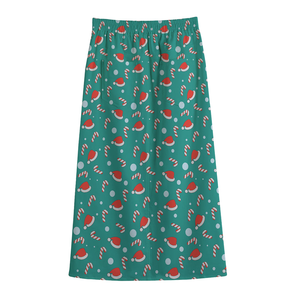 Candy And Santa Claus Hat Pattern Print Cotton Front Slit Maxi Skirt