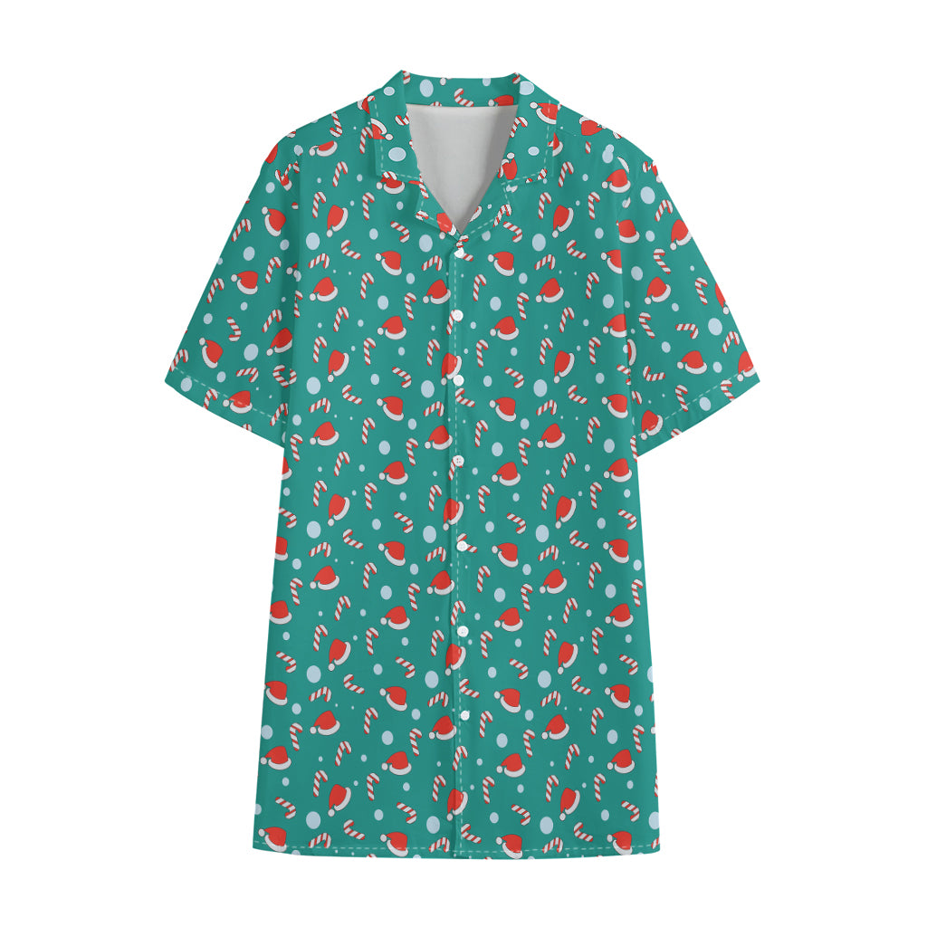 Candy And Santa Claus Hat Pattern Print Cotton Hawaiian Shirt