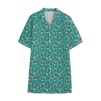 Candy And Santa Claus Hat Pattern Print Cotton Hawaiian Shirt