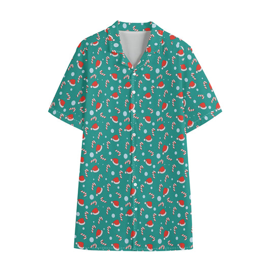 Candy And Santa Claus Hat Pattern Print Cotton Hawaiian Shirt