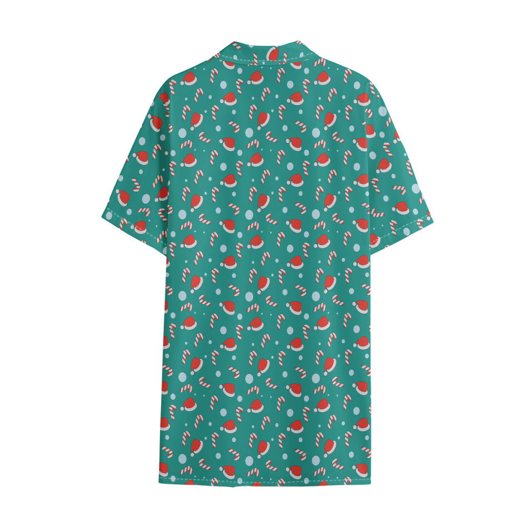 Candy And Santa Claus Hat Pattern Print Cotton Hawaiian Shirt
