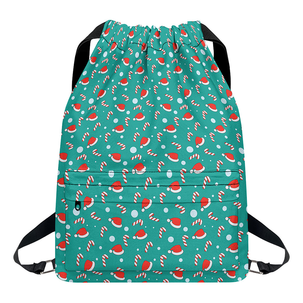 Candy And Santa Claus Hat Pattern Print Drawstring Backpack