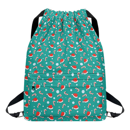 Candy And Santa Claus Hat Pattern Print Drawstring Backpack